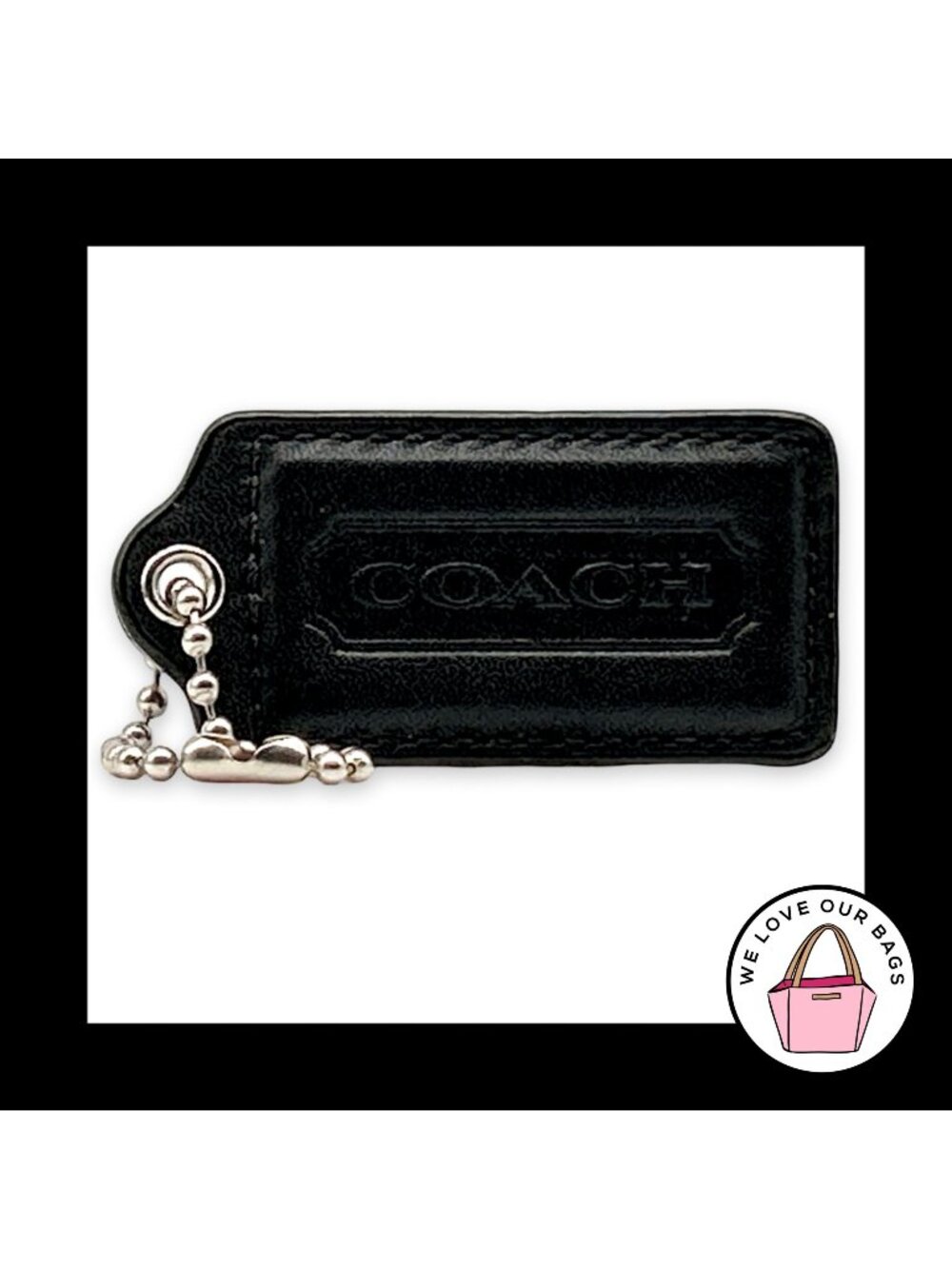 COACH HANG TAG 2.5" Black Smooth Leather Bag Charm Keychain Fob Nickel Large